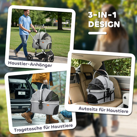 Rootz 3 in 1 Dog Buggy - Pet Stroller - Foldable Cat Carrier - Padded Cabin - 83cm x 61cm x 103cm - Up to 10kg - Grey, Black