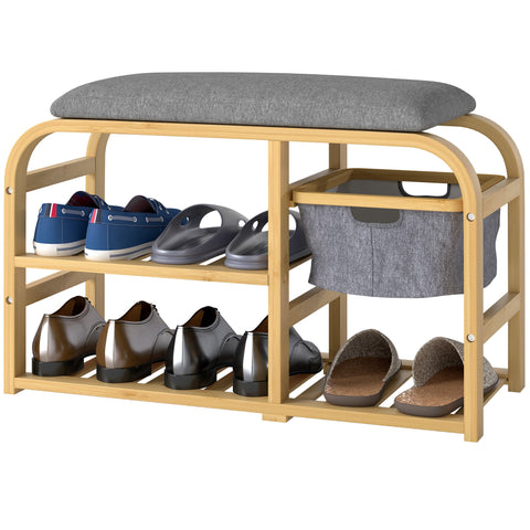 Rootz Shoe Bench with Shelves - Shoe Storage Bench - Bamboo Seat - Upholstered Seat - 70cm x 30cm x 45cm - Soft Comfort & Efficient Organization