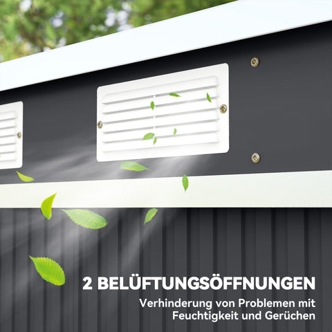 Rootz Tool Shed - Garden Storage House - Outdoor Organizer - Ventilated, Weatherproof - Galvanized Steel, Sliding Doors, 213x130x172cm, Grey and White