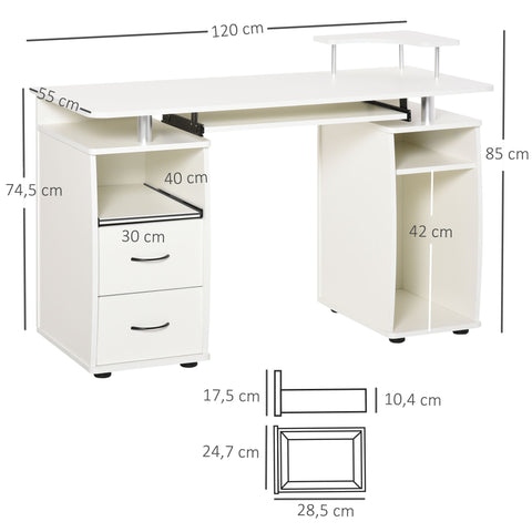 Rootz Computer Desk - Multimedia Workstation - Multipurpose Storage - Ergonomic Design - 120L x 55W x 85H cm - White Wood