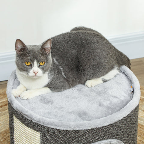 Rootz Cat Cave - 2 Tier Cat House - Plush Cushion - Sisal Scratching - Soft & Cozy Retreat - Ø40 x 30H cm - Grey