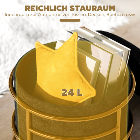 Rootz Sitting Stool with Storage - Foot Stool - Elegant Ottoman - Velvet Softness - Ø42 x 39h cm - Gold-Plated Frame - Black