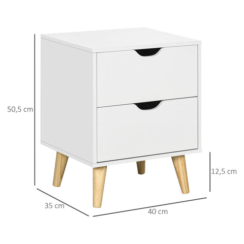 Rootz Bedside Table - Scandinavian Nightstand - White & Wood Look - 2 Drawer Storage - 40 x 35 x 50.5 cm