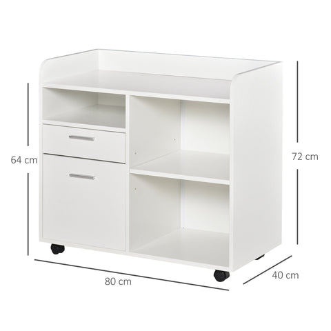 Rootz Printer Stand - Rollable Office Organizer - Mobile Storage - Adjustable Shelves - 80L x 40W x 72H cm, White Wood