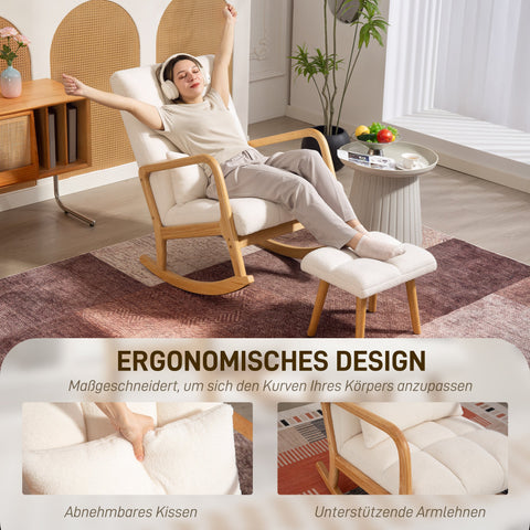 Rootz Rocking Chair with Foot Stool - Glider Chair - Recliner Chair - High Backrest - Wooden Legs - 58Bx56Tx45H cm