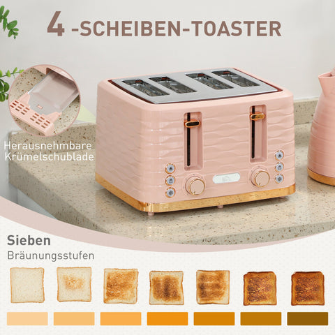 Rootz Pink 2-in-1 Toaster and Kettle Set - Multifunction Kitchen Combo - Elegant Pebble Design - Seven Browning Levels - 24.1x19.5x23.2cm