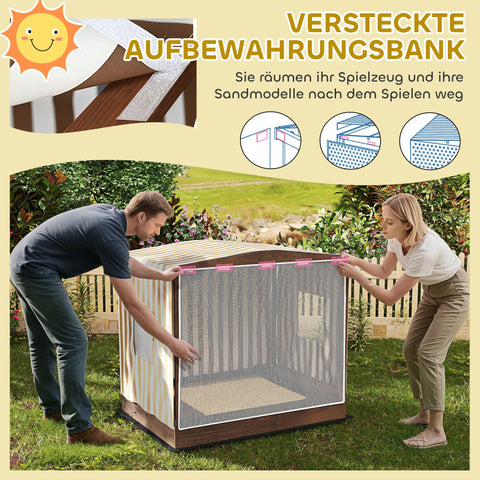 Rootz Sandpit with Canopy - Kids Play Sandbox - Childrens Play Sandpit - Benches & Storage - Protects from Sun & Mosquitoes - Brown - 142cm x 101.5cm x 131cm