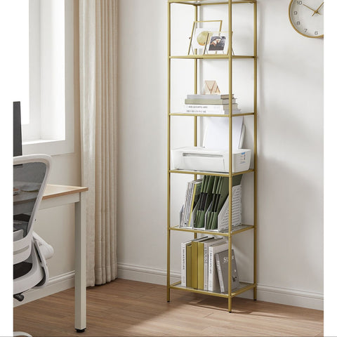 Rootz 6 Plank Goud Glazen Plank - Displaystandaard - Rekkast - Stalen frame - Gehard glas - 30 cm x 40 cm x 177,3 cm - Ruime opbergruimte - Stevige constructie - Eenvoudige montage