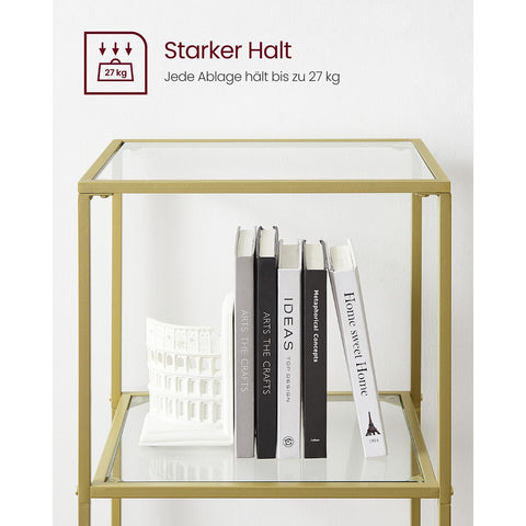 Rootz 6 Plank Goud Glazen Plank - Displaystandaard - Rekkast - Stalen frame - Gehard glas - 30 cm x 40 cm x 177,3 cm - Ruime opbergruimte - Stevige constructie - Eenvoudige montage