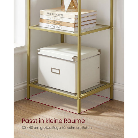 Rootz 6 Plank Goud Glazen Plank - Displaystandaard - Rekkast - Stalen frame - Gehard glas - 30 cm x 40 cm x 177,3 cm - Ruime opbergruimte - Stevige constructie - Eenvoudige montage