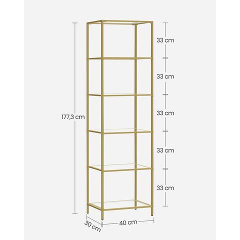 Rootz 6 Plank Goud Glazen Plank - Displaystandaard - Rekkast - Stalen frame - Gehard glas - 30 cm x 40 cm x 177,3 cm - Ruime opbergruimte - Stevige constructie - Eenvoudige montage