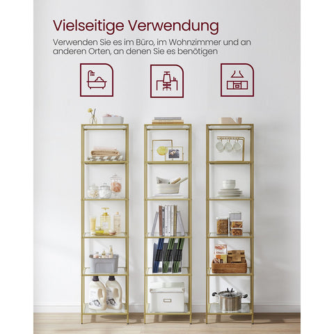 Rootz 6 Plank Goud Glazen Plank - Displaystandaard - Rekkast - Stalen frame - Gehard glas - 30 cm x 40 cm x 177,3 cm - Ruime opbergruimte - Stevige constructie - Eenvoudige montage