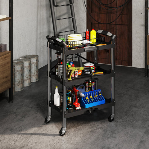 Rootz Tool Trolley - Foldable Tool Cart - Rolling Tool Cart - Durable Storage Solution - 64cm x 37cm x 84cm