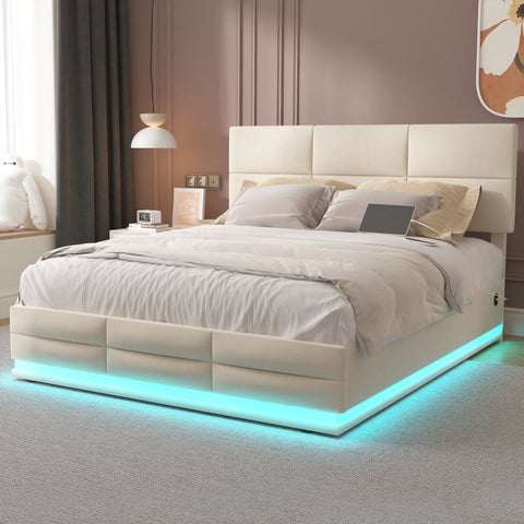 Rootz Modern Bed - Storage Bed - LED Bed - USB Charging - Velvet Comfort - 208.5cm x 144cm x 105-115cm