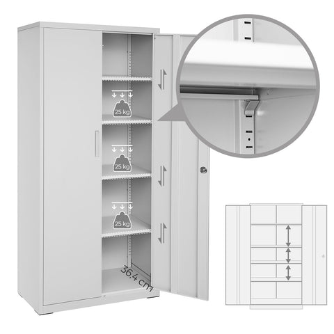Rootz Metal Cabinet - Office Storage - Filing Cabinet - Gray Powder-Coated Steel - Adjustable Shelves - Double Doors - Stable Structure - 80cm x 40cm x 180cm