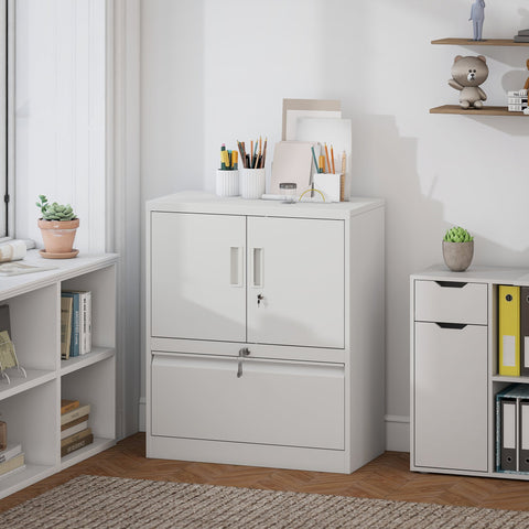 Rootz Filing Cabinet - Office Cabinet - Steel Storage Locker - Lockable Organizer - Secure Storage - White - 80 x 40 x 95 cm