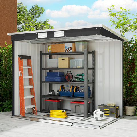 Rootz Tool Shed - Garden Storage House - Outdoor Organizer - Ventilated, Weatherproof - Galvanized Steel, Sliding Doors, 213x130x172cm, Grey and White