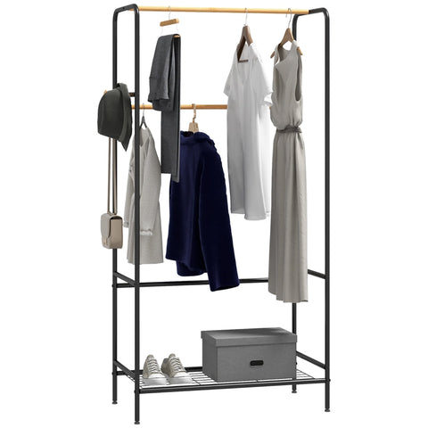 Rootz Clothes Rack - Coat Stand - Garment Rack - Steel Frame - Bamboo - 80.5cm x 40.5cm x 162.5cm - Organize Wardrobe - 2 Rails - Shoe Shelf