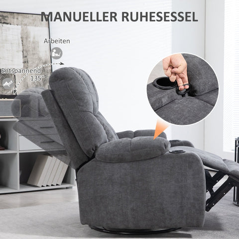Rootz Recliner Chair - Tv Armchair - Relaxation Chair - 135°Adjustable Backrest - Extended Footrest - Swivel & Rocking Functions - Dark Gray - 88cm x 96cm x 108cm