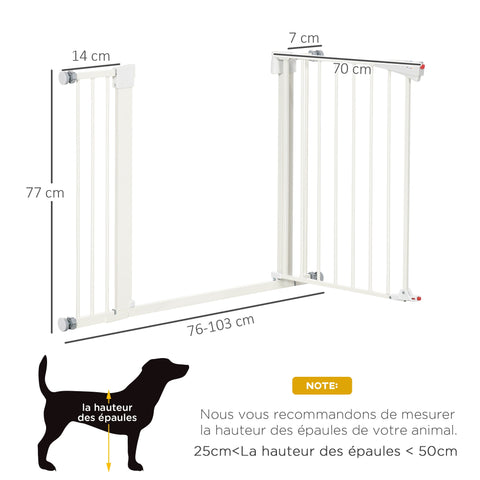 Rootz Dog Barrier Gate - Pet Gate - Safety Rail - Auto Close - Adjustable 76-103cm x 77cm - White Steel Design