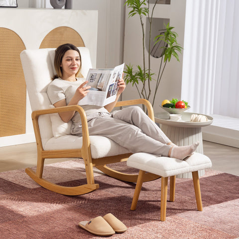 Rootz Rocking Chair with Foot Stool - Glider Chair - Recliner Chair - High Backrest - Wooden Legs - 58Bx56Tx45H cm