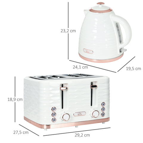 Rootz 2-in-1 Toaster and Kettle Set - Breakfast Appliance - Kitchen Essentials - 7 Browning Levels -White - Kettle: 24.1L x 19.5B x 23.2H cm - Toaster: 29.2L x 27.9H cm