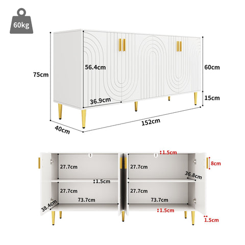 Rootz White Sideboard - Buffet Cabinet - Storage Unit - Elegant Design, Easy Cleaning, MDF, 152cm x 40cm x 75cm