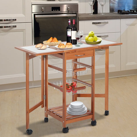 Rootz Serving Trolley - Rolling Kitchen Cart - Mobile Storage Unit - Foldable Work Surface - Easy-Care Ceramic Top - 91cm x 37cm x 75cm