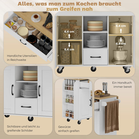 Rootz Rolling Kitchen Island - Mobile Cart - Fold-Out Work Surface - Storage Cabinet - Soft Close Doors - Spacious & Organized - White, 115x70x89 cm