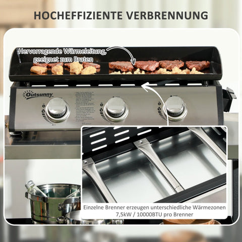 Rootz Gas Grill with Lid - BBQ Grill - Outdoor Cooking Station - 3 Burners - Fat Drip Tray - Non-Stick Plate - 63x47x25 cm - Black/Silver