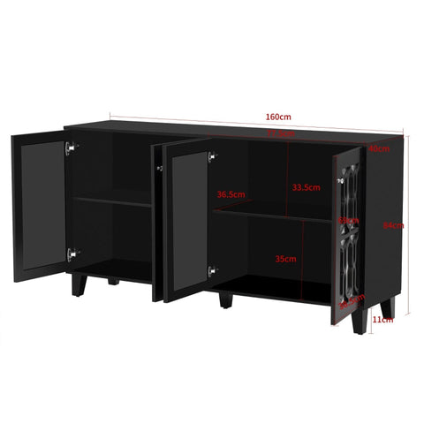 Rootz Black Mirrored Sideboard - Luxury Buffet - Storage Cabinet - Durable MDF - 160L x 40W x 84H cm