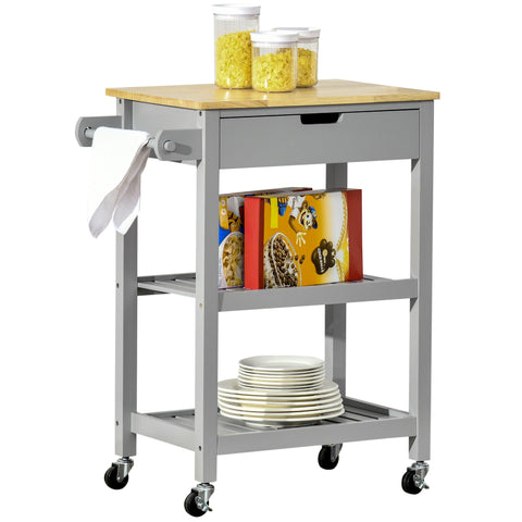 Rootz Kitchen Trolley - Serving Cart - Rolling Island - Extra Storage - 66.5cm x 40cm x 84.5cm - Rubberwood Worktop & Wheels