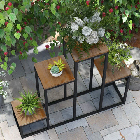 Rootz Flower Shelf - Plant Shelve - 4 Tier Plant Stairs - Flower Rack - Indoor & Outdoor - Metal Frame - Black + Light Brown - 80 x 20 x 74 cm