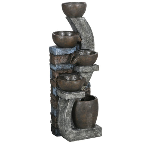 Rootz Garden Fountain - Brick Look - 5-Tier Cascade - Solar Powered - LED Lights - 107cm - Weatherproof Resin - Grey/Brown