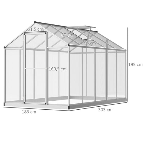 Rootz Greenhouse 3x2m - Aluminum Greenhouse - Polycarbonate Garden Shed - UV-Resistant - 303x183x195 cm