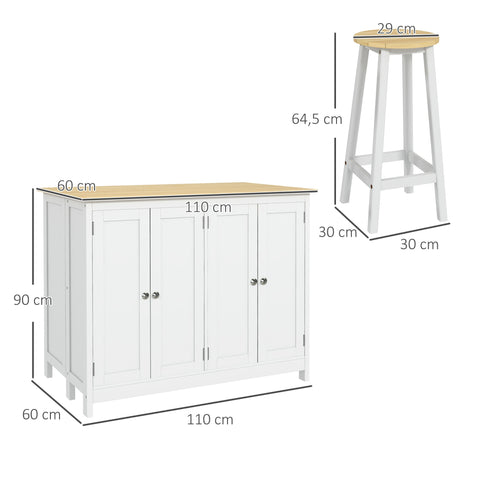 Rootz Kitchen Island Trolley Set - Kitchen Cart with 2 Stools - Fold-out Worktop - Space Saving - 110cm x 60cm x 90cm