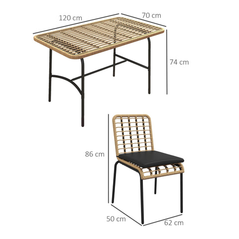 Rootz 5-Piece Rattan Garden Furniture Set - Patio Dining Set - Outdoor Table and Chairs - Cushioned Comfort - Table: 120x70x74cm, Chairs: 50x62x86cm