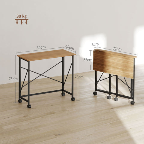 Rootz Foldable Desk with Wheels - Portable Workstation - Compact Office Table - Space-Saving Design - 80cm x 40cm x 75cm