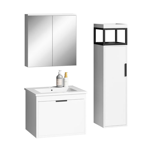 Rootz 3 Piece Bathroom Furniture Set - Bathroom Mirror Cabinet - Washbasin Unit - Soft Close Drawers - MDF - Elegant White - 59x46.5x47cm, 58.5x14x60cm, 120x30x30cm