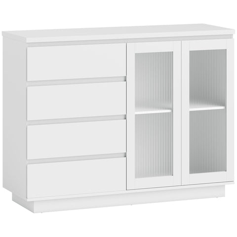Rootz Buffet Cabinet Sideboard - Storage Cupboard - Display Unit - Silent Soft-Close, Organizes Dining Room - 120x40x91 cm, White, MDF, 4 Drawers, 2 Glass Doors