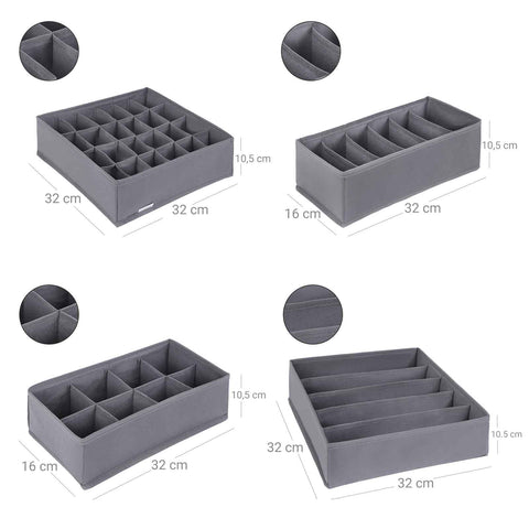 Rootz 4 Piece Set Underwear Organizer - Drawer Organizer - Closet Organizer - Fabric Storage Boxes - 33cm x 10cm x 30cm