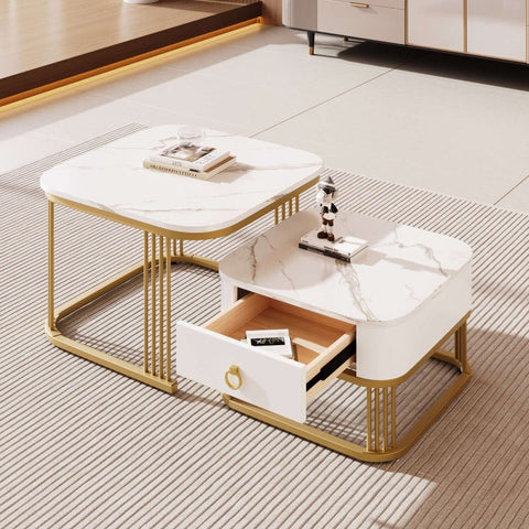 Rootz 2 Piece Coffee Table Set - Nesting Tables - High-Gloss Marble - Extra Storage - 60x60x45cm & 50x50x34cm