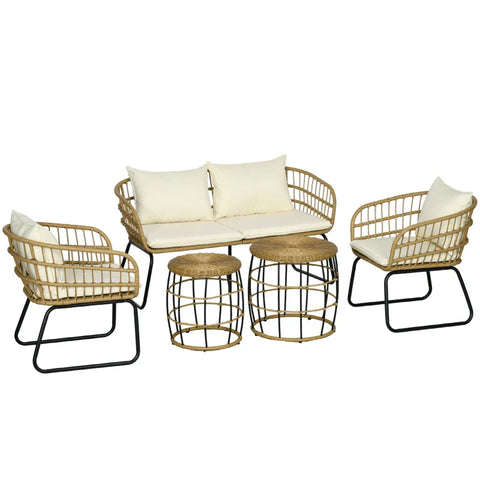 Rootz Garden Furniture - Seat Cushions - Lounge Set - Outdoor Seating Group - Boho Style - 5-piece Set - PE Rattan-polyester - Cream - Natural - Black - 145 X 70 X 78 Cm