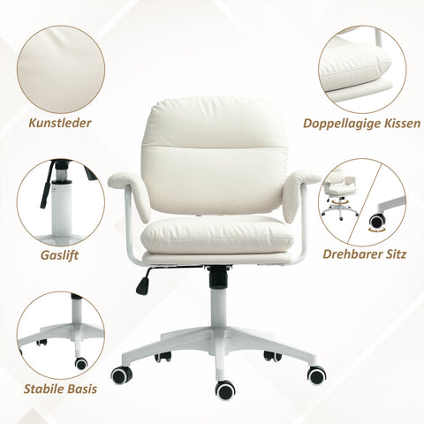 Rootz Height-Adjustable Desk Chair - Swivel Chair - Office Chair - Ergonomic Comfort - 65cm x 64cm x 88-98cm, White, Faux Leather