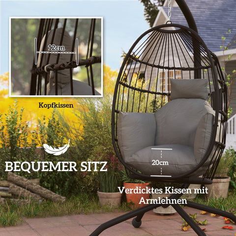 Rootz Hanging Outdoor Swing Chair - Foldable Basket Seat - Egg Chair - Comfort with Cup Holder - 120cm x 88cm x 192cm