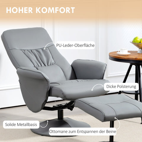 Rootz 2-Part Armchair Set - Recliner with Footstool - Relaxation Chair - Synthetic Leather Comfort - Grey - Adjustable & Tiltable 76x81x101cm