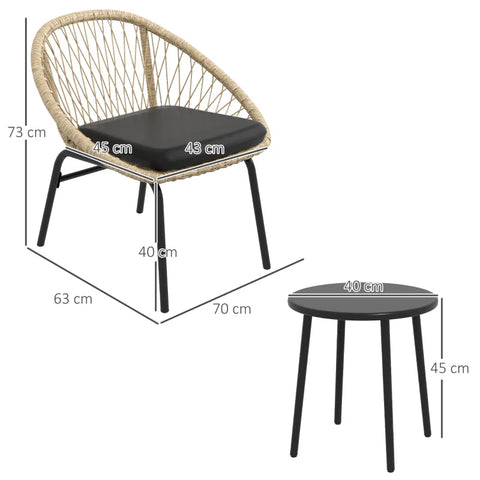 Rootz Garden Furniture Set - Rattan Patio Set - 2 Armchairs - Seat Cushions - 1 Round Table Ø60 Cm - PE Rattan-Polyester - Black-Yellow - 43W x 45D cm