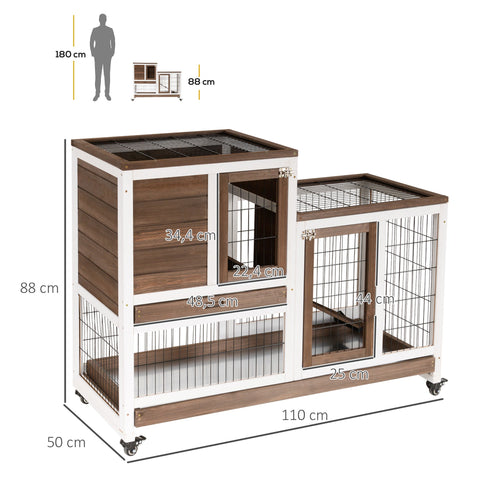 Rootz Rabbit Cage with 2 Floors - Rabbit Hutch - Bunny House - Mobile on Wheels - 110cm x 50cm x 88cm, Easy Cleaning, 2 Lockable Doors