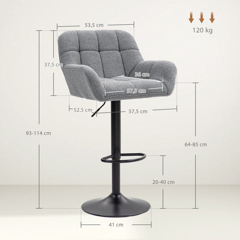 Rootz Bar Stool Set of 2 – Retro Design – Adjustable Kitchen Chairs – Swivel Counter Stools – Ergonomic Comfort – 57.5x52.5x93-114cm – Grey & Black