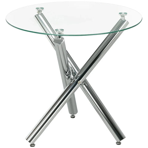 Rootz Eettafel - Rond blad van gehard glas - Randloos ontwerp - voor 2-4 personen - Stalen poten - Transparant + Zilver - 80 x 80 x 74 cm